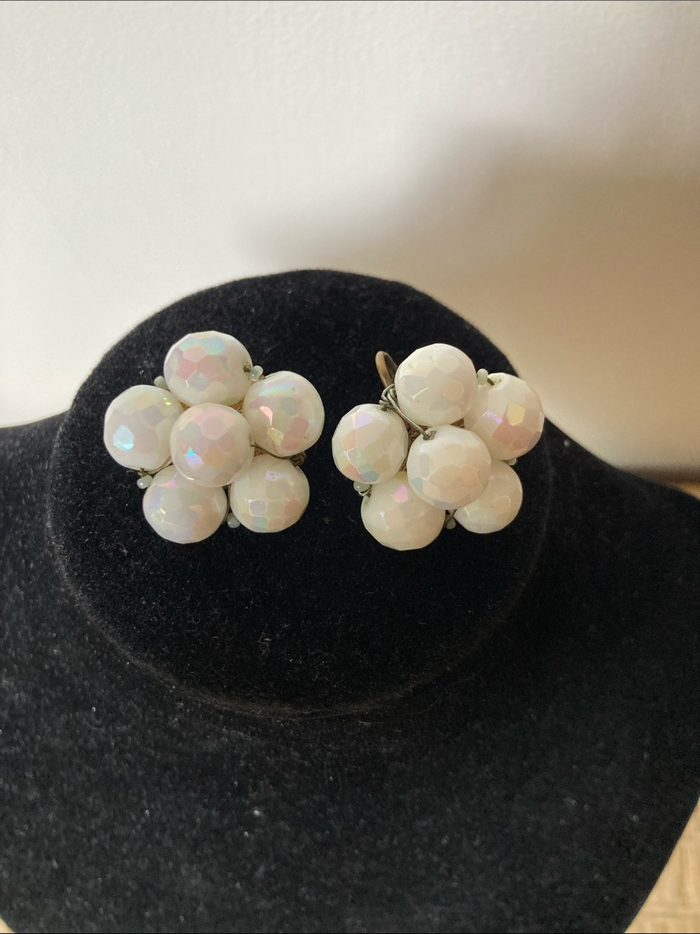 Vintage Iridescent White Cluster Clip-On Earrings